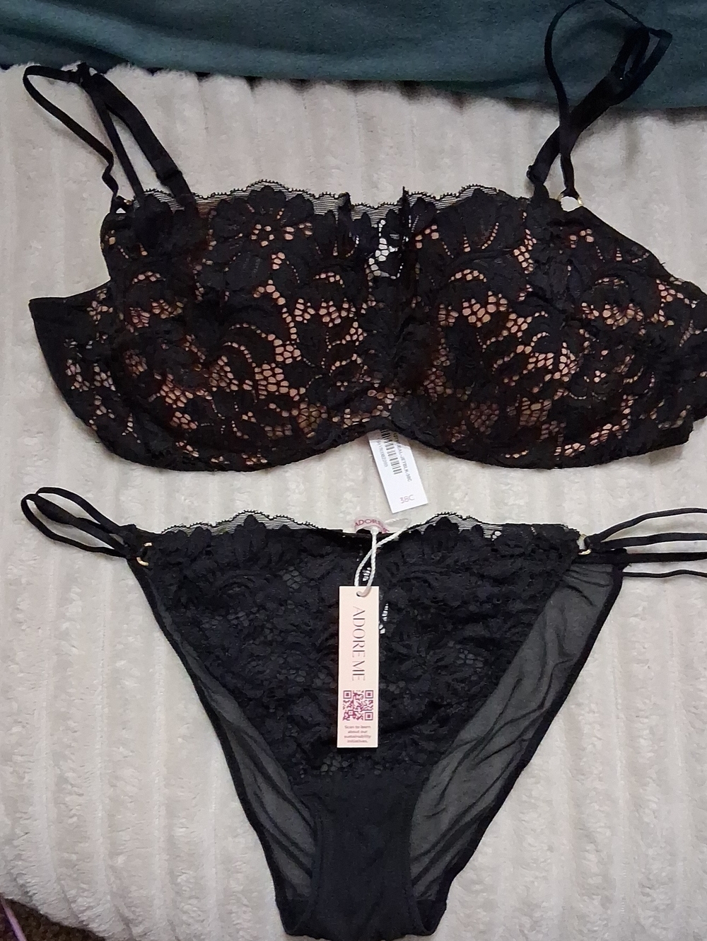 Adore Me "Georgianne" Black Floral Matching Balconette Bra & Bikini Panty 38C XL